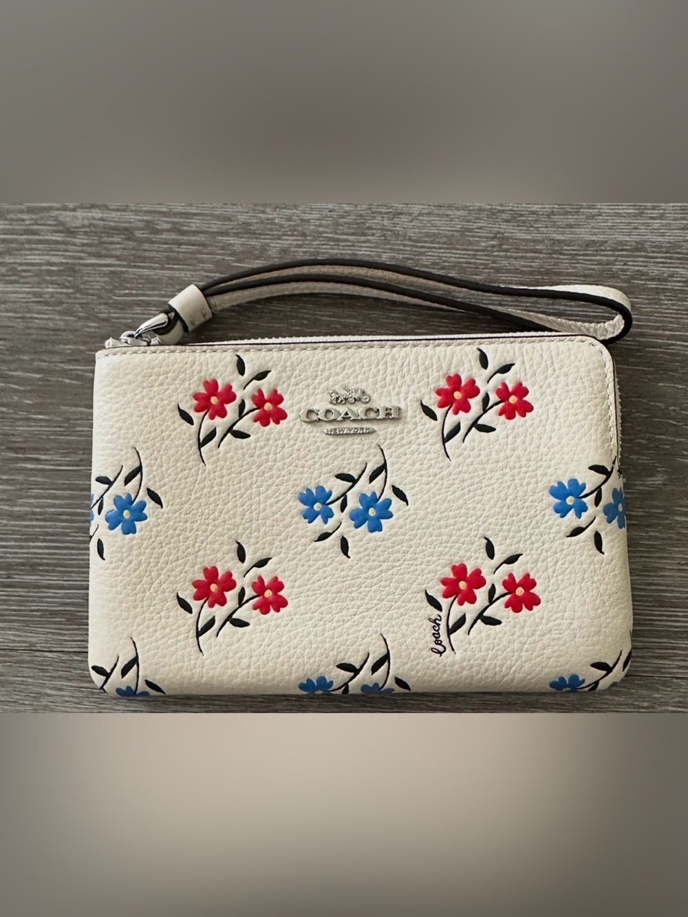 COACH White Floral Wristlet with Red & Blue Blossoms